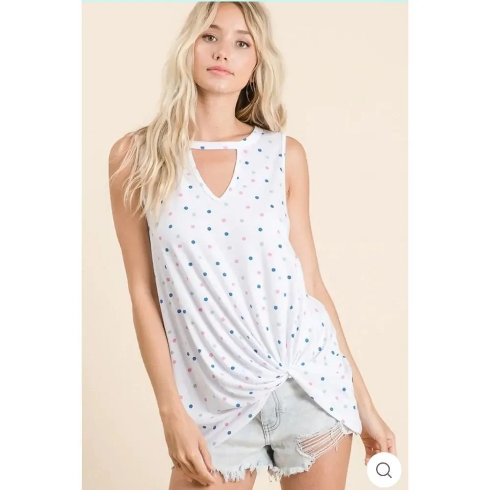 Polka Dot Twisted Hem Keyhole Tank - Picture 2 of 8